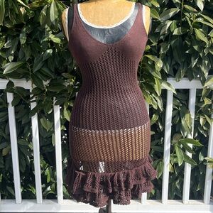 Brown Fishnet; Slip On; Swim Cover Dress; Spaghetti Straps; Ruffled Bottom; L